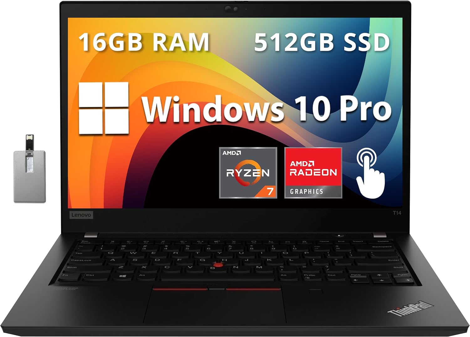 Lenovo ThinkPad T14 Gen 2 Ordinateur Portable Professionnel, Écran FHD 14 Pouces, AMD Ryzen 7 Pro 5850U, 16 Go RAM, 512 Go PCIe SSD, AMD Radeon Graphics, Caméra Web HD 720P, Wi-Fi 6, Win 10 Pro, Noir, Carte USB 32 Go Hotface