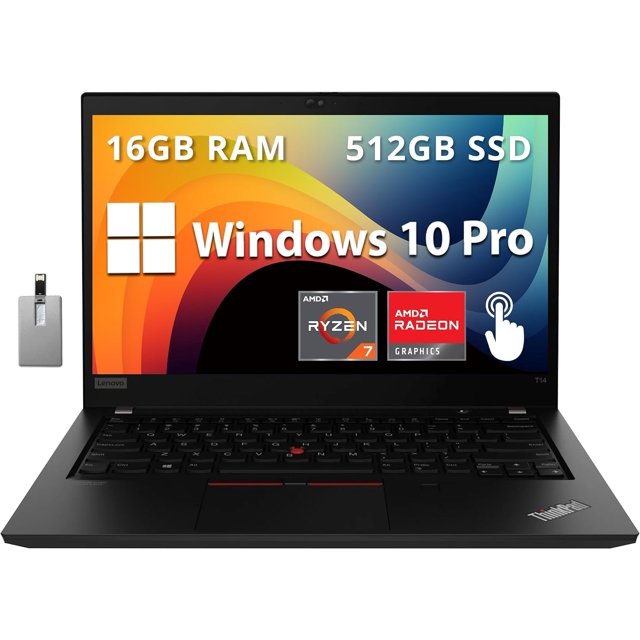 Lenovo ThinkPad T14 Gen 2 Ordinateur Portable Professionnel, Écran FHD 14 Pouces, AMD Ryzen 7 Pro 5850U, 16 Go RAM, 512 Go PCIe SSD, AMD Radeon Graphics, Caméra Web HD 720P, Wi-Fi 6, Win 10 Pro, Noir, Carte USB 32 Go Hotface
