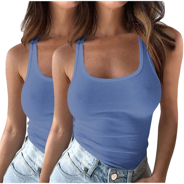 Plebaso 2 Pack Ribbed Tank Tops for Women Spaghetti Strap Slim Tops Scoop Neck Sleeveless Summer Tops