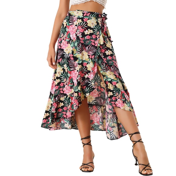 INSPIRE CHIC Women's Tropical Floral Print Ruffle Self Tie Knot Split Beach Hawaiian Wrap Skirt S Black