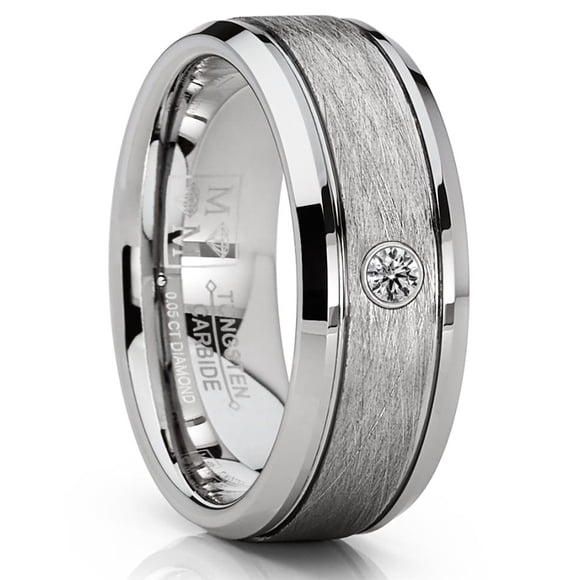 Men's Tungsten Wedding Band 0.05 Carats Diamond Texture Brush High-Polish Silver-toned 8MM