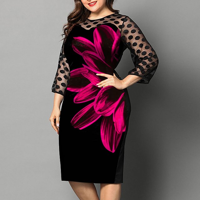 LSLJS Fashion Women Sexy Plus Size Long Sleeve Floral Print Splicing Perspective Dress