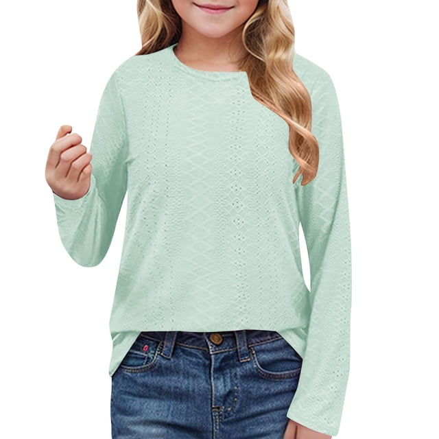 MeetoTime Girls Long Sleeve Solid Color Shirts Cute Crewneck Casual Blouses Children's Spring Fall Undershirt
