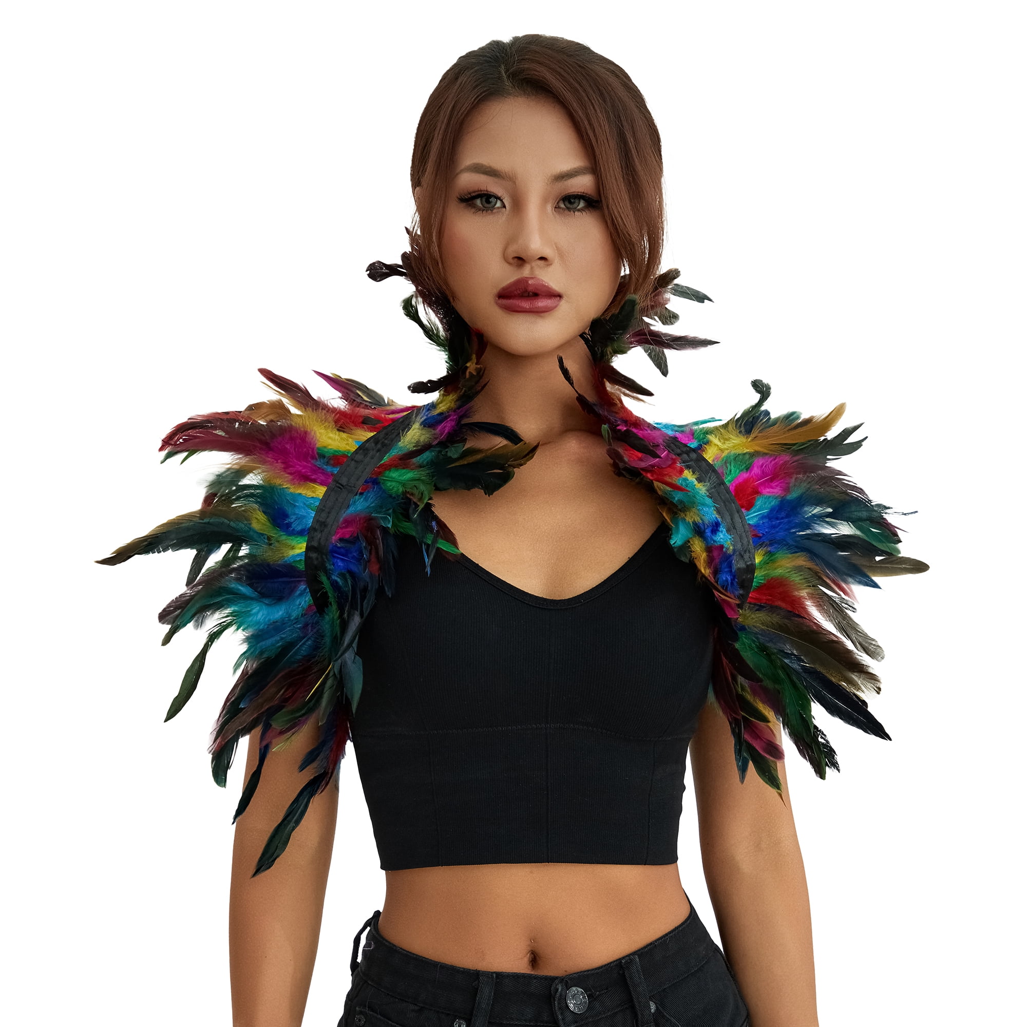 Fortune Cape Gothique à Plumes pour Femmes Halloween Cosplay Fête Châle à Lacets Boléro