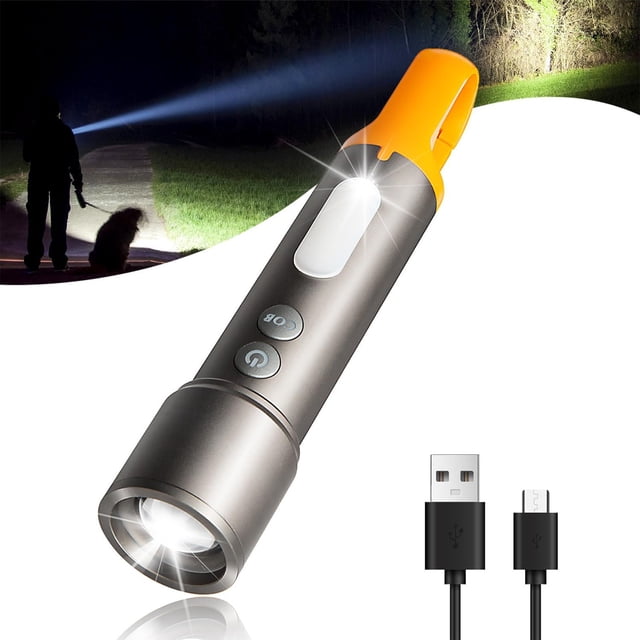 Zoomable Waterproof LED Flashlight with COB Sidelight and Hook,Rechargeable Portable Torch for Camping,Emergency,Home Use,Featuring 1000 Lumens and 9 Modes