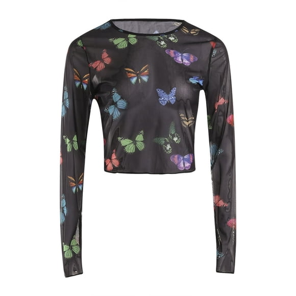 CHOK Women Summer Sexy Top Sheer Mesh See Through Butterfly Print Long Sleeve Crewneck T Shirt Blouse