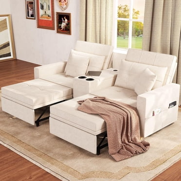 AECOJOY Lit-Lit 3-en-1 de 75 Pouces, Canapé-Lit Convertible à Tiroir avec Ports USB et Table d'Appoint, Fauteuil-Lit pour Salon, Beige