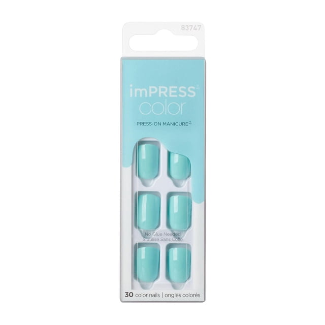 KISS ImPRESS Color - Fake Nails, 30 Count, Short, in packaging with light blue label and clear window showing six glossy turquoise solid press-on nails, featuring PureFit Technology for a slim, comfortable fit and no glue needed for easy, salon-quality manicure at home.
