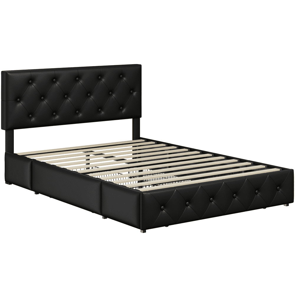 FullFurnique Upholstered Platform Bed Frame with Adjustable Headboard and 3 Drawers Storage, Full, Black