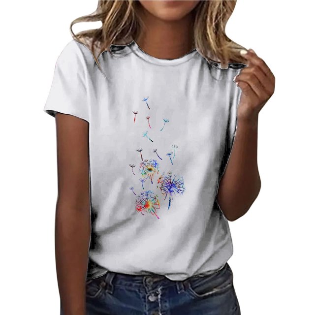 RKSTN Hauts d'Été pour Femmes 2023 Tendance Décontracté T-Shirt Imprimé Pissenlit Col Rond Manches Courtes Chandail Blouse T-Shirts