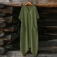 thumbnail image 4 of Mceream Robes Maxi pour Femmes Grande Taille Manches 3/4 Coupe Ample Col en V Ourlet Irrégulier Robe Maxi Ample en Lin avec Poches Robes d'Été pour Vacances à la Plage Vert Armée m, 4 of 7