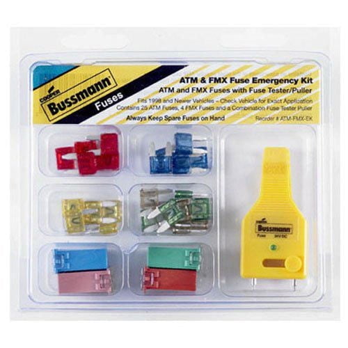 Cooper Bussmann ATM/FMX Fuse Emergency Kit with Tester containing 30 color-coded ATM and FMX electrical fuses in various amperages and a yellow FT-3 fuse tester/puller for electrical maintenance and breaker replacement.