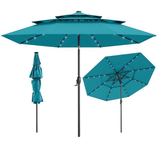 Gymax 10 FT Solar Patio Umbrella w/ 32 LED Lights 3-Tier Vented Top Tilt Adjustment Turquoise