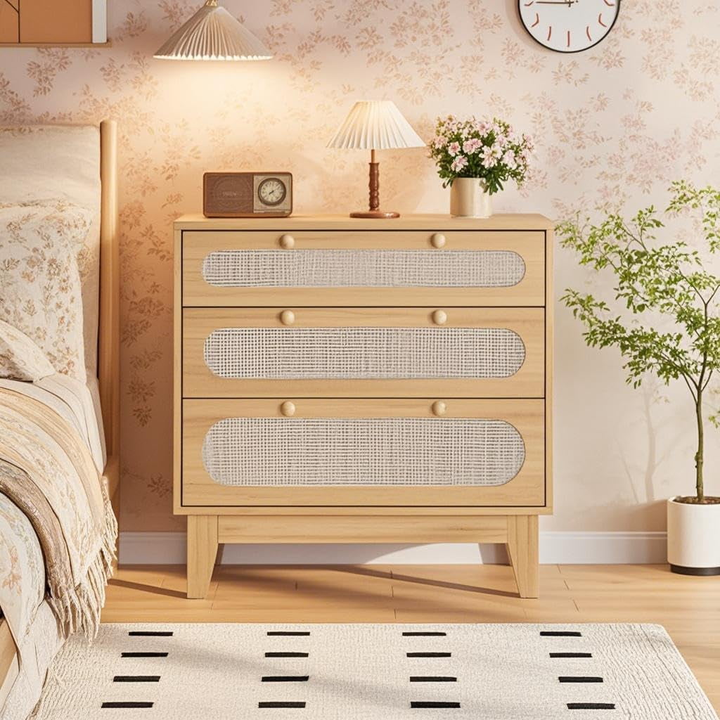 3 Drawer Dresser for Bedroom, Rattan Modern Closet Dressers Chest of Drawers, Wood Storage Chest for Hallway, Living Room
