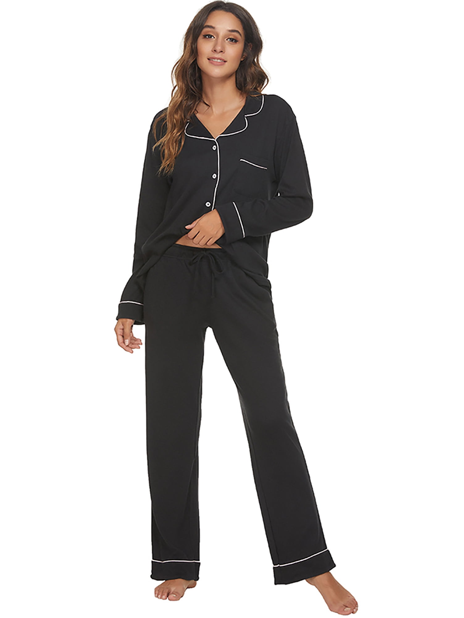 HEARTNICE Women Button up Pajama Set Long Sleeve Sleepwear Lightweight Pjs Set,(Black,2XL)