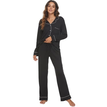 HEARTNICE Women Button up Pajama Set Long Sleeve Sleepwear Lightweight Pjs Set,(Black,L)