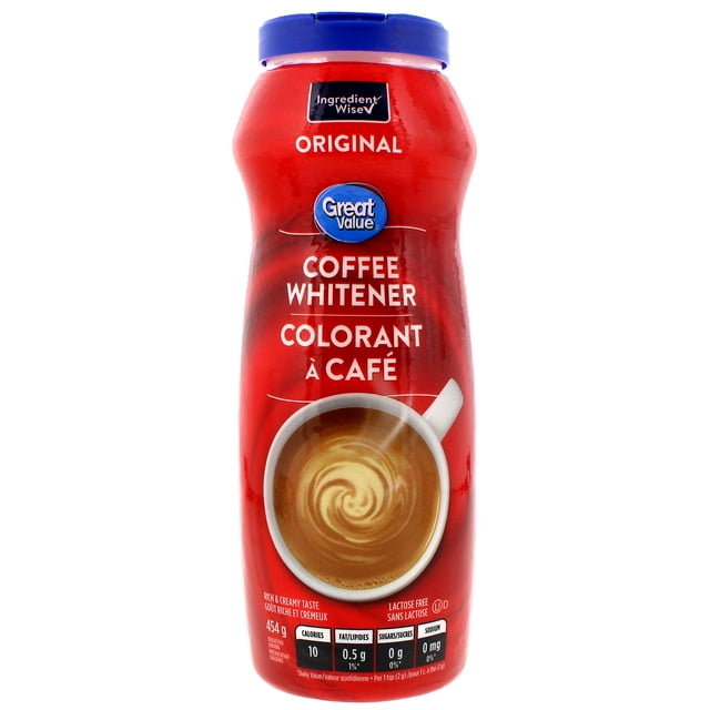 Great Value Coffee Whitener 454 g in a red plastic container with blue lid, labeled in English and French, showing a coffee cup with cream swirl, lactose-free powdered whitener suitable for coffee, tea, and hot chocolate, often used as a shelf-stable milk substitute in offices or dorms.