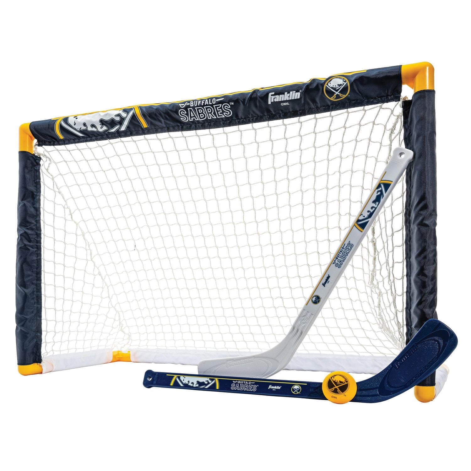 Franklin Sports NHL Sabres Mini Hockey Set - Kids Indoor Knee Hockey Goal, Ball, 2 Mini Hockey Stick Combo Set