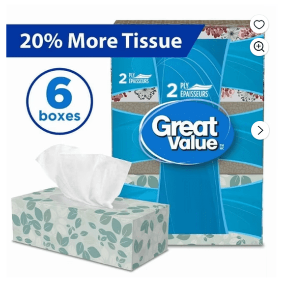 Great Value, Facial Tissues, 6 Flat Boxes, 126 Tissues per Box, 2Ply, 756 Tissues in total