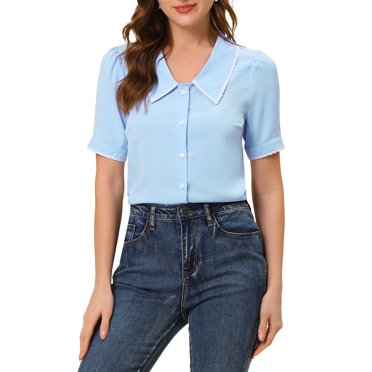 INSPIRE CHIC Women's Peter Pan Collar Shirt Puff Sleeve Button Blouse Light Blue XS