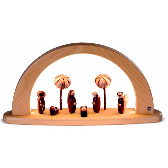 Modern light arch, birth of Christ, length 49 cm / 19 inch, natural, electrical illuminated, original Erzgebirge by Müller Seiffen