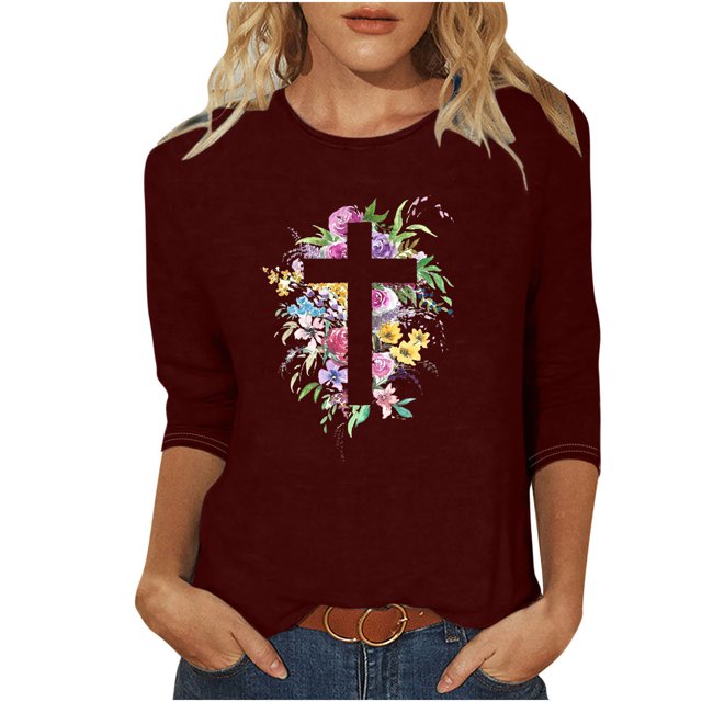 Blouses pour Femmes T-Shirt Imprimé Blouse à Manches 3/4 Col Rond Décontracté, Blouses pour Femmes T-Shirts pour Femmes, Blouses pour Femmes Décontractées