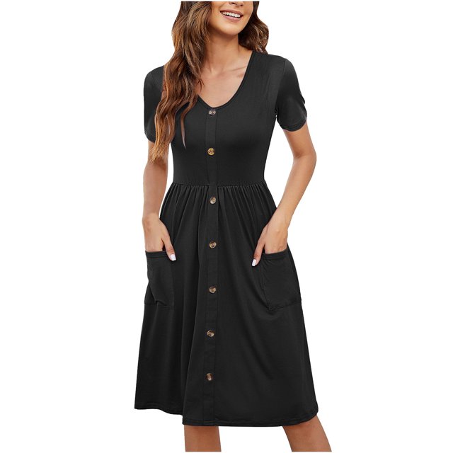 TopLLC Robe de Plage pour Femme Été à Manches Courtes Col en V Robe Débardeur Décontractée Boutonnée Taille Élastique Robes Évasées avec Poche