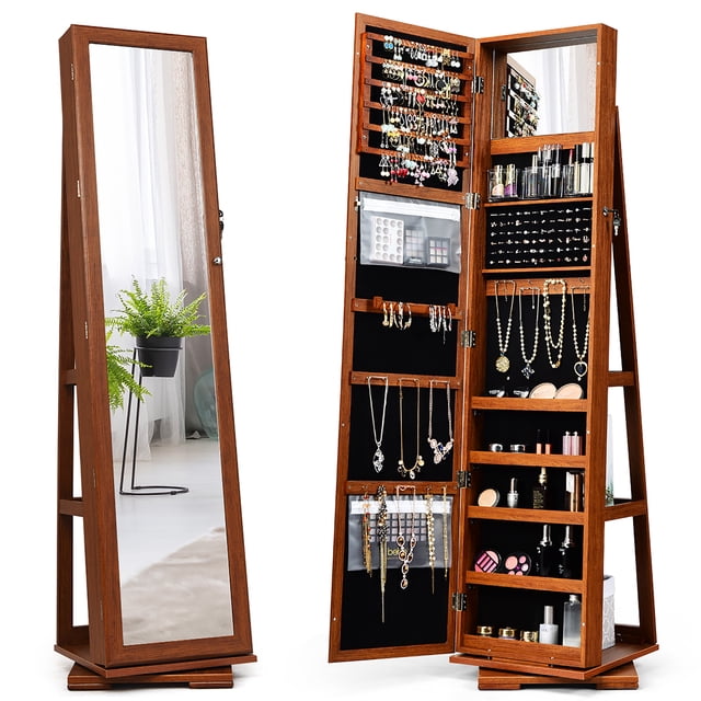 Costway 360-degree rotatable jewelry cabinet in brown with a lockable mirrored organizer. The cabinet features a full-length mirror on the exterior and opens to reveal ample storage, including 120 earring slots, 54 earring holes, 78 ring slots, 24 necklace hooks, a bracelet bar, 5 storage racks, 2 dustproof pockets, and 3 acrylic storage boxes. Made of durable P2 MDF, it includes a 360-degree rotating base for easy access and three-tier shelves at the back for additional storage. The interior is lined with soft velvet to protect jewelry from scratches.