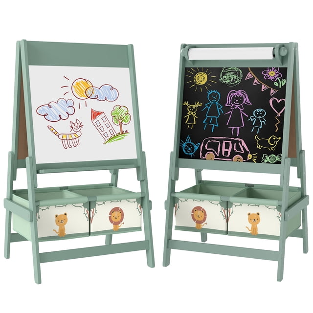 Qaba Art Easel pour Enfants, Chevalet pour Enfants 3-en-1 Double Face avec Rouleau de Papier - Vert. Ce Chevalet Vert Présente une Conception Double Face avec un Tableau Noir et un Tableau Blanc, Ainsi Qu'un Porte-Rouleau de Papier pour Projets Créatifs. Il Comprend Deux Boîtes de Rangement avec des Motifs de lion Ludiques pour Organiser les Fournitures d'Art. la structure en a Est Faite de Bois de Pin et de MDF pour la Stabilité, Ce Qui le Rend Adapté aux Enfants de 3 à 8 Ans. Dimensions : 21,3 Pouces de long,