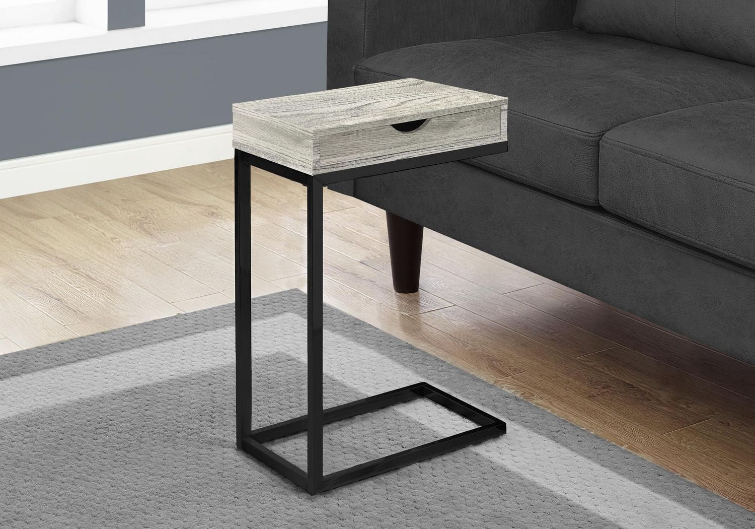 Monarch Specialties Table D'appoint, En Forme De C, Bout, Côté, Collation, Tiroir De Rangement, Salon, Chambre À Coucher, Métal, Stratifié, Gris, Noir, Contemporain, Moderne