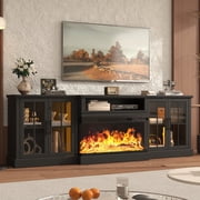 Sonegra 98" Farmhouse TV Stand with Fireplace for TVs up to 100", Media Entertainment Center with Adjustable Shelves and Large Storage Cabinets, for Living Room, Black