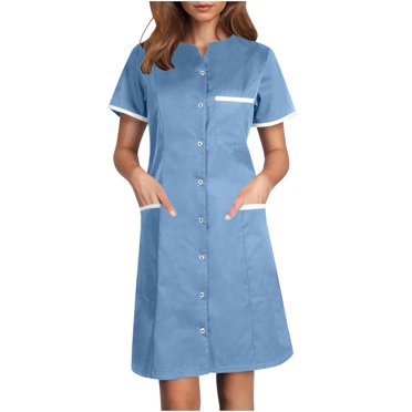 Npasoilc Robes d'Infirmière pour Femmes à Boutons, Col Rond, Manches Courtes, Robes avec Poches Latérales, Sarraus Doux et Respirants, Décontractées, Amples, Robes de Travail