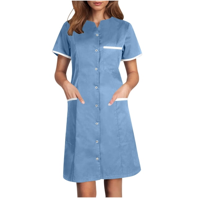 Bocqde Robe de Sarrau Femmes Infirmières Tenue de Travail Robes Manches Courtes Boutonnée Robe de Sarrau avec Poches
