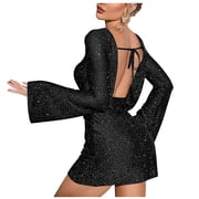 AherBiu Sequin Dress for Women Party Night Sparkly Backless Flare Long Sleeve Slim Mini Black Dresses