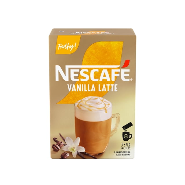 Vanilla latte frothy instant coffee mix by NESCAFÉ in a beige box featuring a clear glass mug filled with frothy vanilla latte topped with caramel drizzle, accompanied by vanilla flower, coffee beans, and vanilla pods, with 8 sachets for easy hot water preparation.