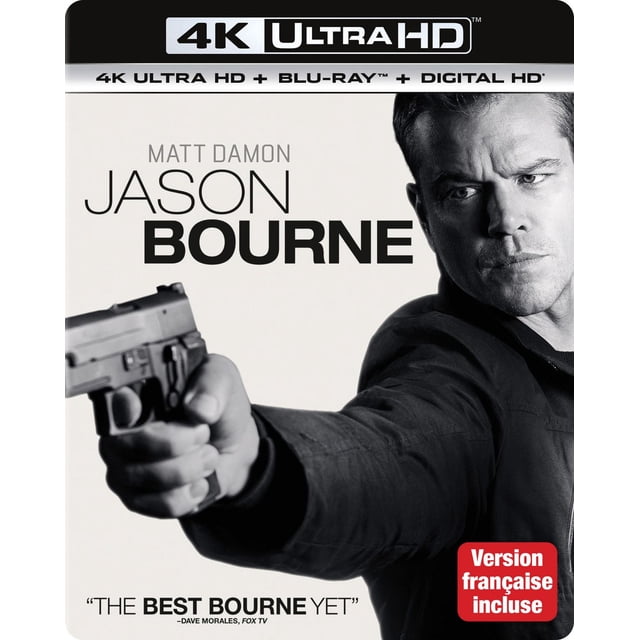 Jason Bourne (4K Ultra HD + Blu-ray + Digital HD) (Bilingual) movie cover featuring a close-up of a character holding a handgun. The title 'Jason Bourne' and actor Matt Damon's name are prominently displayed. Includes a red label indicating 'Version française incluse' and the 4K Ultra HD branding at the top.