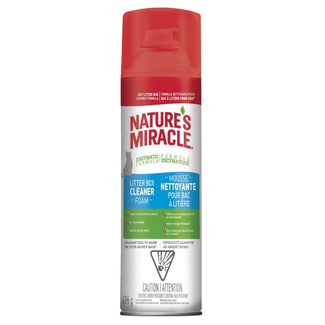 Nature's Miracle Litter Box Cleaner Foam 496g aerosol can with red cap and white body, enzymatic formula for tough urine and feces odors, no rinse needed, safe for pets and home, bilingual English and French text, ideal for pet stain and odor removal.