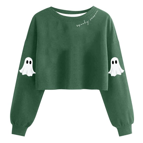Lcziwo Halloween Crop Sweatshirt for Women Cute Ghost Graphic Tops Lantern Long Sleeve Crewneck Sweatshirt Spooky Season Fall Fashion Pullover Green,XL