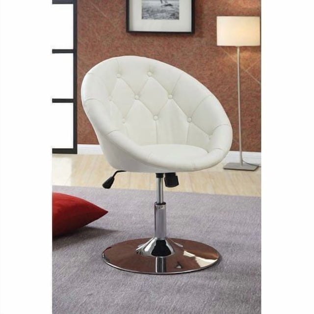 Nicer Furniture White Rounded Faux Leather bar Stool with button tufted white faux leather upholstery, rounded back acting as armrests, chrome bell-shaped base for stability, 361-degree swivel, and height adjustable from 18 to 24 inches, placed on a grey carpet in a modern room.