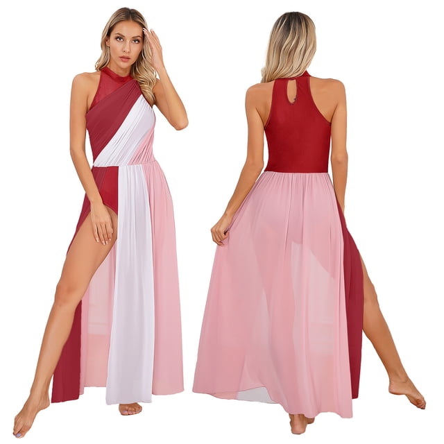 Aislor Robe de Danse Lyrique pour Femme Moderne Sans Manches à Blocs de Couleur en Maille Tulle Fluide Maxi Bourgogne P