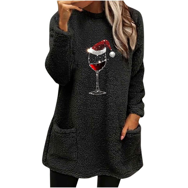 Pisexur Chandails en Molleton de Noël pour Femmes en Polaire Douce à Manches Longues Col Rond Imprimé Verre de Vin Rouge Chandail-Over Chaud d'Hiver avec Poches