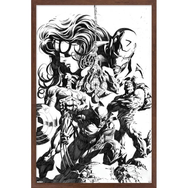 Marvel Sketch - Group Wall Poster, 14.725" x 22.375" framed, featuring a black and white pencil sketch of Marvel superheroes including Spider-Man hanging upside down from a web in the center, Wolverine crouched with claws extended, Iron Man's helmet behind, Captain America holding his shield on the left, and other heroes in dynamic poses, all on a white background with detailed shading, ideal wall art for home décor and office spaces.