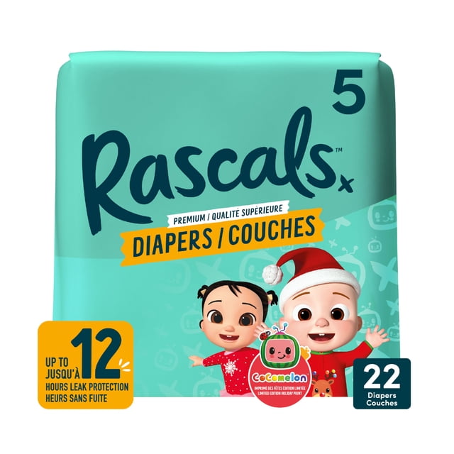 Rascals Premium CoComelon Holiday Print Diapers size 5 pack of 22 with festive holiday designs featuring JJ and friends, offering up to 12 hours of leak protection and a unisex fit for toddlers.