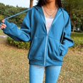 thumbnail image 4 of Veste à Capuche Zippée pour Femme en Mélange de Coton Uni, Coupe Ample, Bleu, TG, 4 of 7