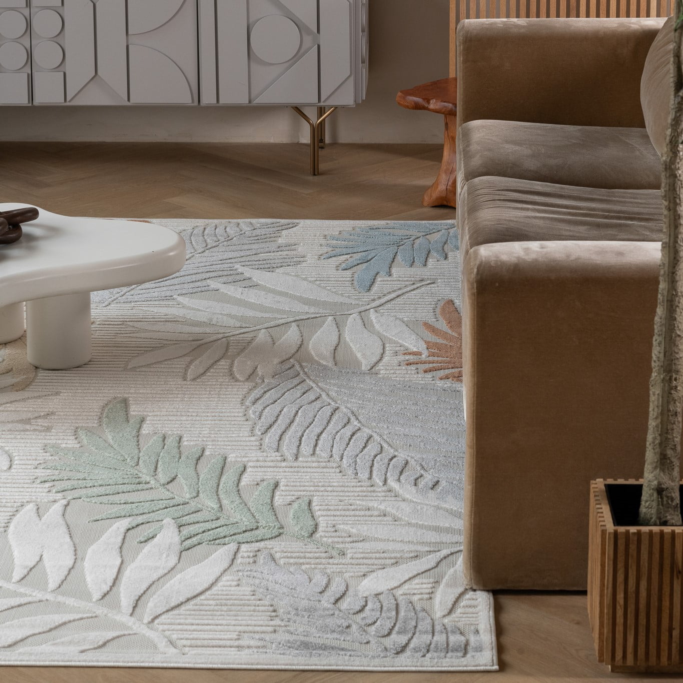 Tapis d'interieur/exterieur abstrait Rug Branch Alfombra, beige creme, motif floral - Salon, chambre, salle a manger et cuisine