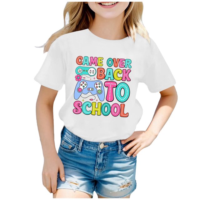 PMVFHDE T-Shirts Fille Hauts Graphiques T-Shirt Fille Hauts Manches Courtes Hauts Fille T-Shirt Enfants Rentrée des Classes Graphique Manches Courtes Col Rond T-Shirt Lumineux et Confortable pour Blanc,10-11 Ans