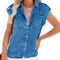 thumbnail image 2 of Hauts de Printemps pour Femmes Amincissant Couleur Unie Rétro Chemise en Denim à Manches Courtes pour Femmes A m, 2 of 5