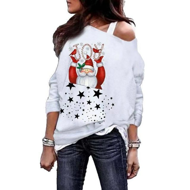 Chandail en Molleton de Noël Épaules Dénudées Chandail Père Noël Col Rond pour Femme