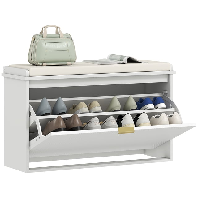 HOMCOM Shoe Bench with Padded Seat and Flip-Drawer for 8 Pairs, White. This compact storage bench features a white MDF and particleboard frame with a soft beige linen-feel cushioned seat. The flip-drawer design accommodates up to 8 pairs of shoes, with adjustable inner shelves for versatile storage. The bench supports up to 265 lbs. (120 kg) and includes a beadboard panel with a golden edge pull handle for added charm. Ideal for entryways, bedrooms, or as a window bench.