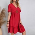 thumbnail image 3 of Robe à Volants à Étages pour Femmes Grande Taille, Été, Manches Courtes, Robe Babydoll Décontractée, V Neck, Robes pour Dames, Rouge, G, 3 of 7